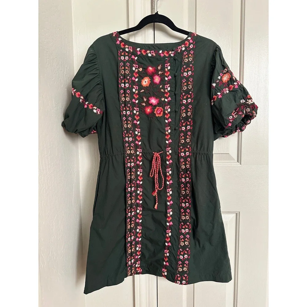 Free People Havana‎ Asymmetrical Embroidered Peasant Dress XS Green Floral